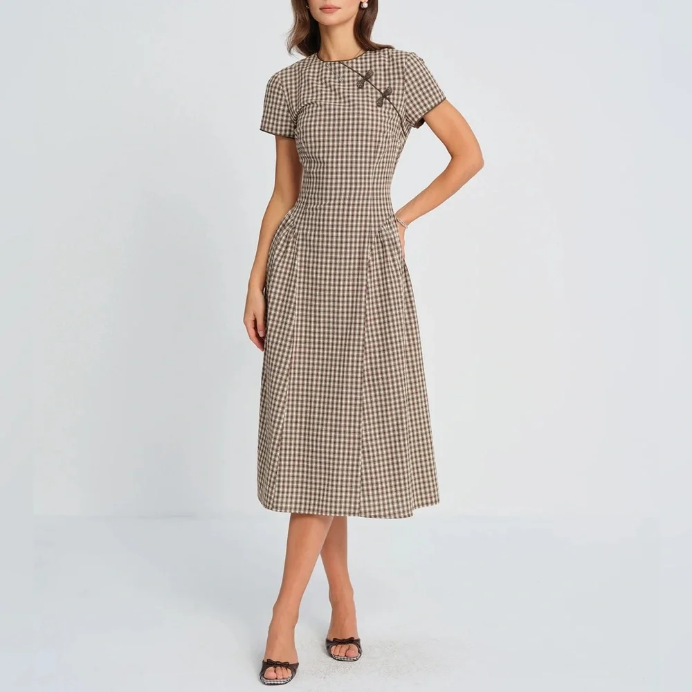 RIHOAS Brown and Cream Gingham Midi Dress - Picture 2 of 7